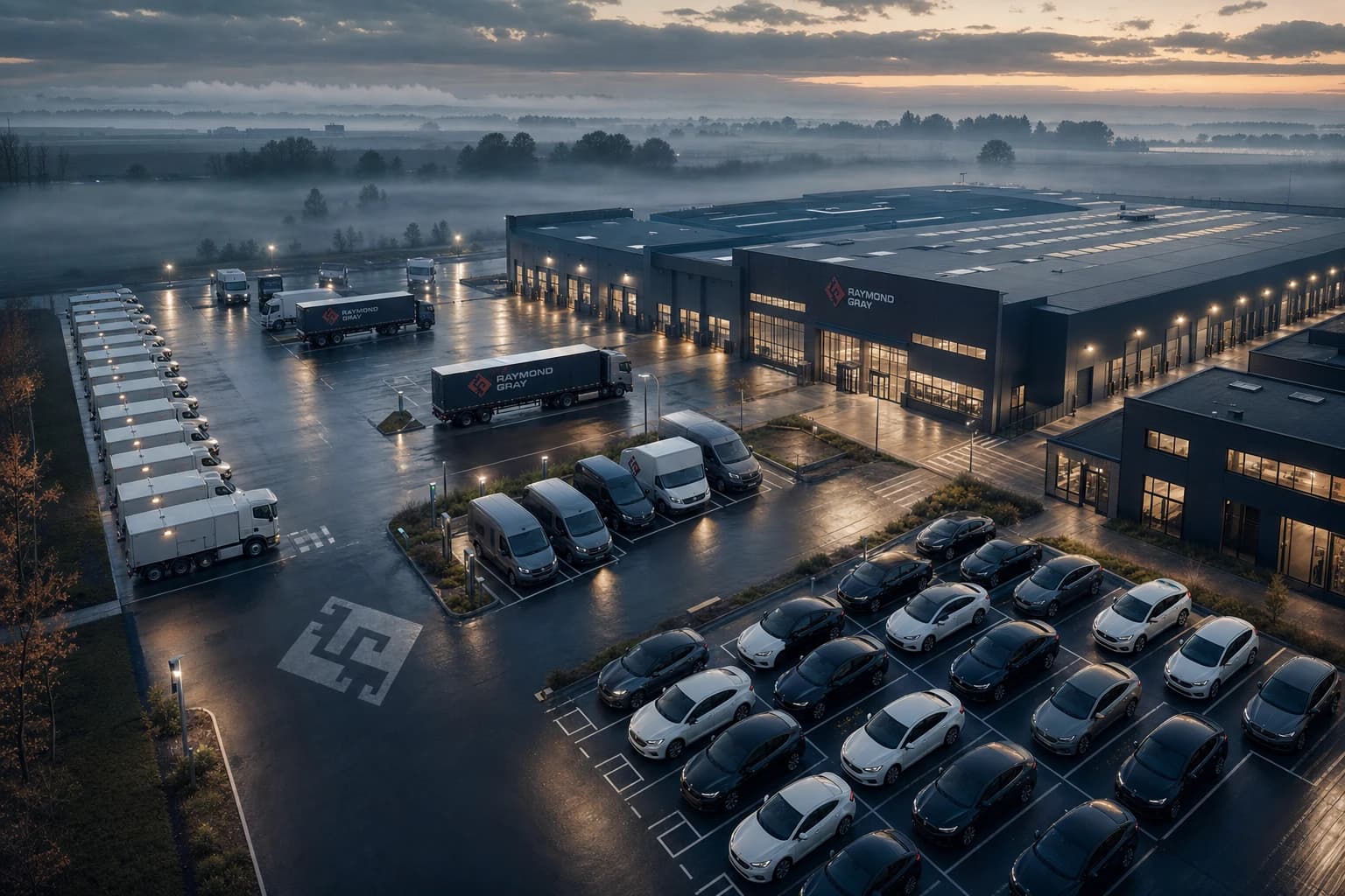 Raymond Gray vehicle depot at dusk — mixed EV and commercial fleet